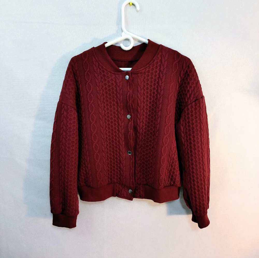 Cable Knit Maroon Polyester Full Snap Sweater Jacket Women's Large